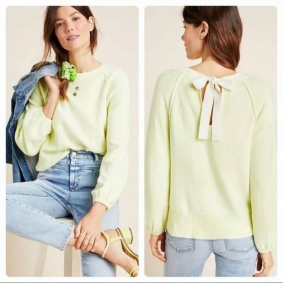 Anthropologie Sweaters - Anthropologie Emily Puff-Sleeved Knit Tie Back Neon Green Sweater sz S